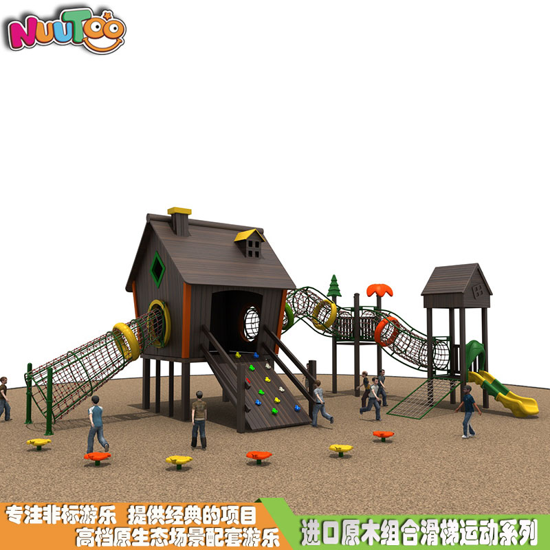 Toboganes combinados de madera para niños Toboganes multifuncionales de registro Fabricantes de instalaciones de juego al aire libre de alta gama LT-ZH011